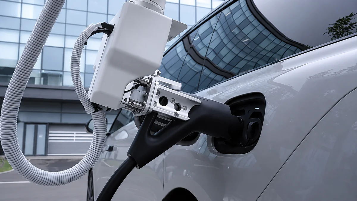 Robotic charging arm automatically connecting to a passenger EV charging port