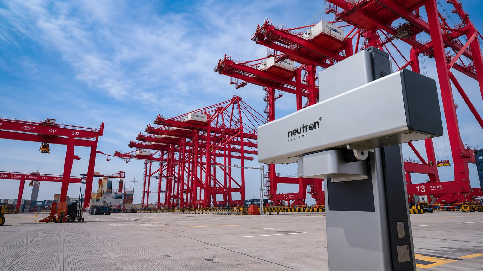 Neutron Systems autonomous charging robot at a container port terminal with red cranes