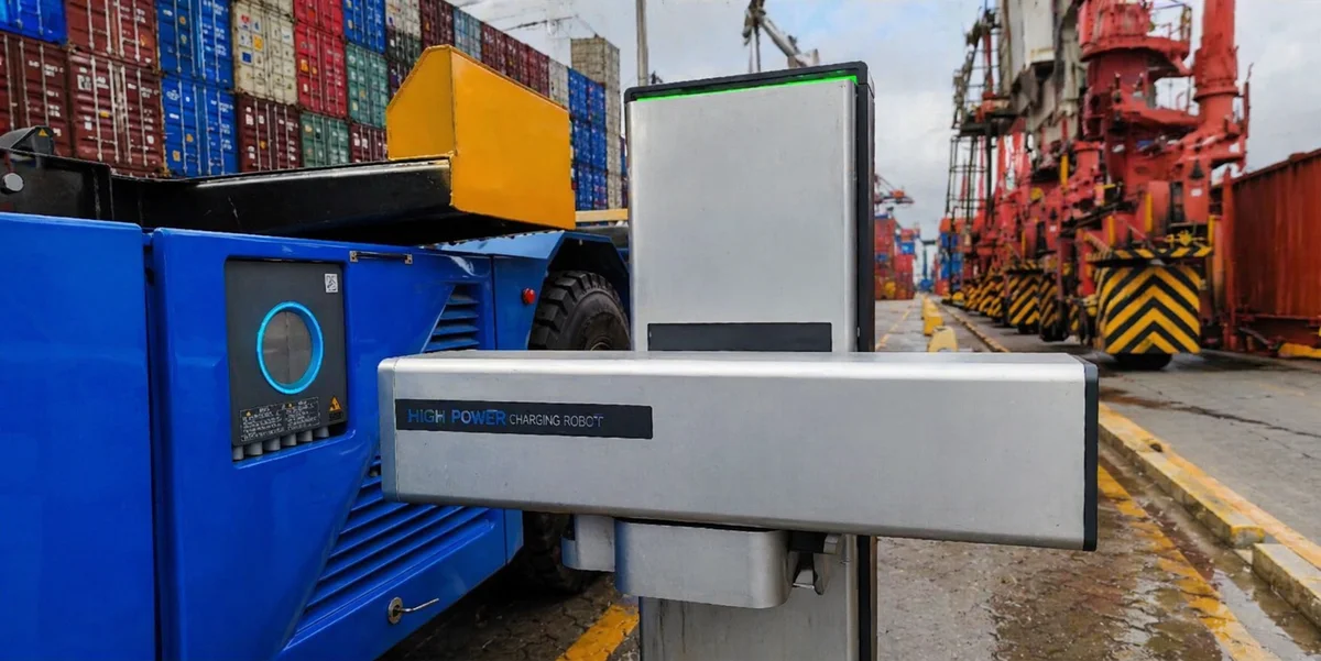 Neutron Systems high power charging robot deployed at a container port terminal alongside an electric straddle carrier