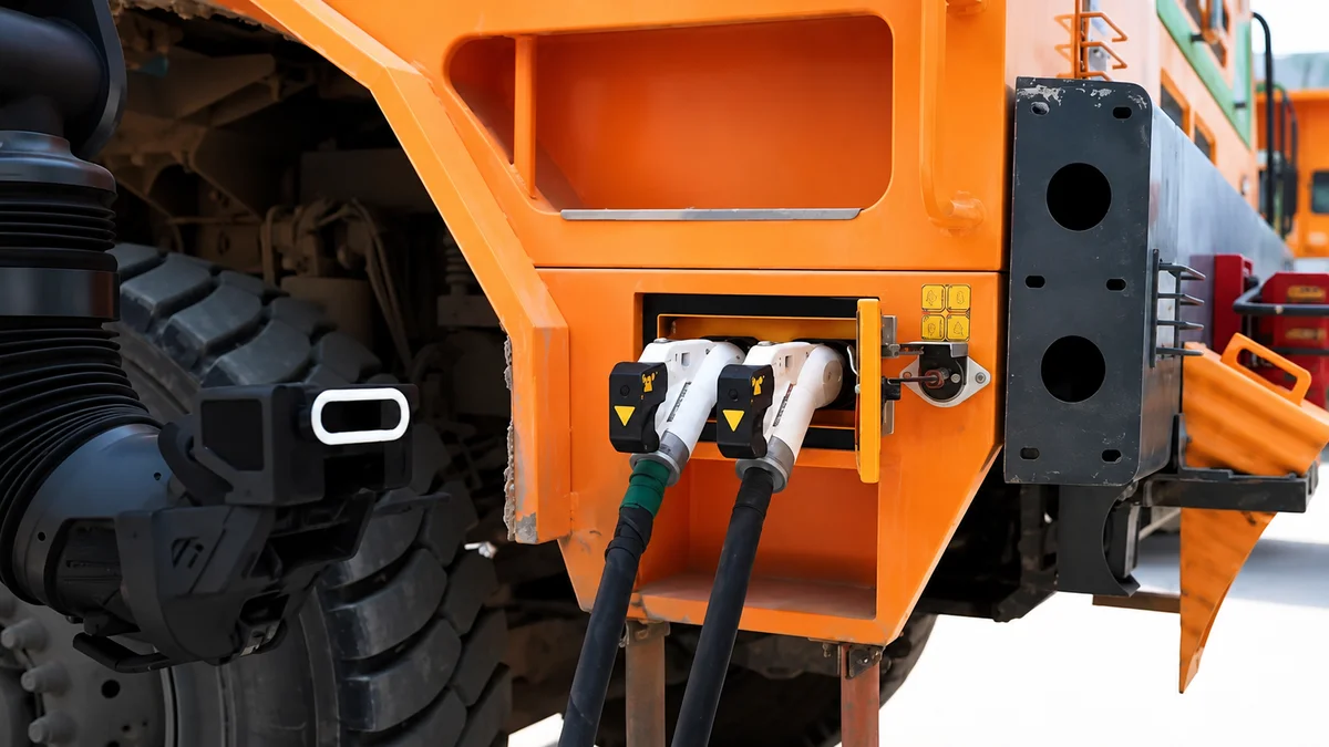 Heavy vehicle automatic charging system with dual connectors plugged into an electric mining or logistics truck