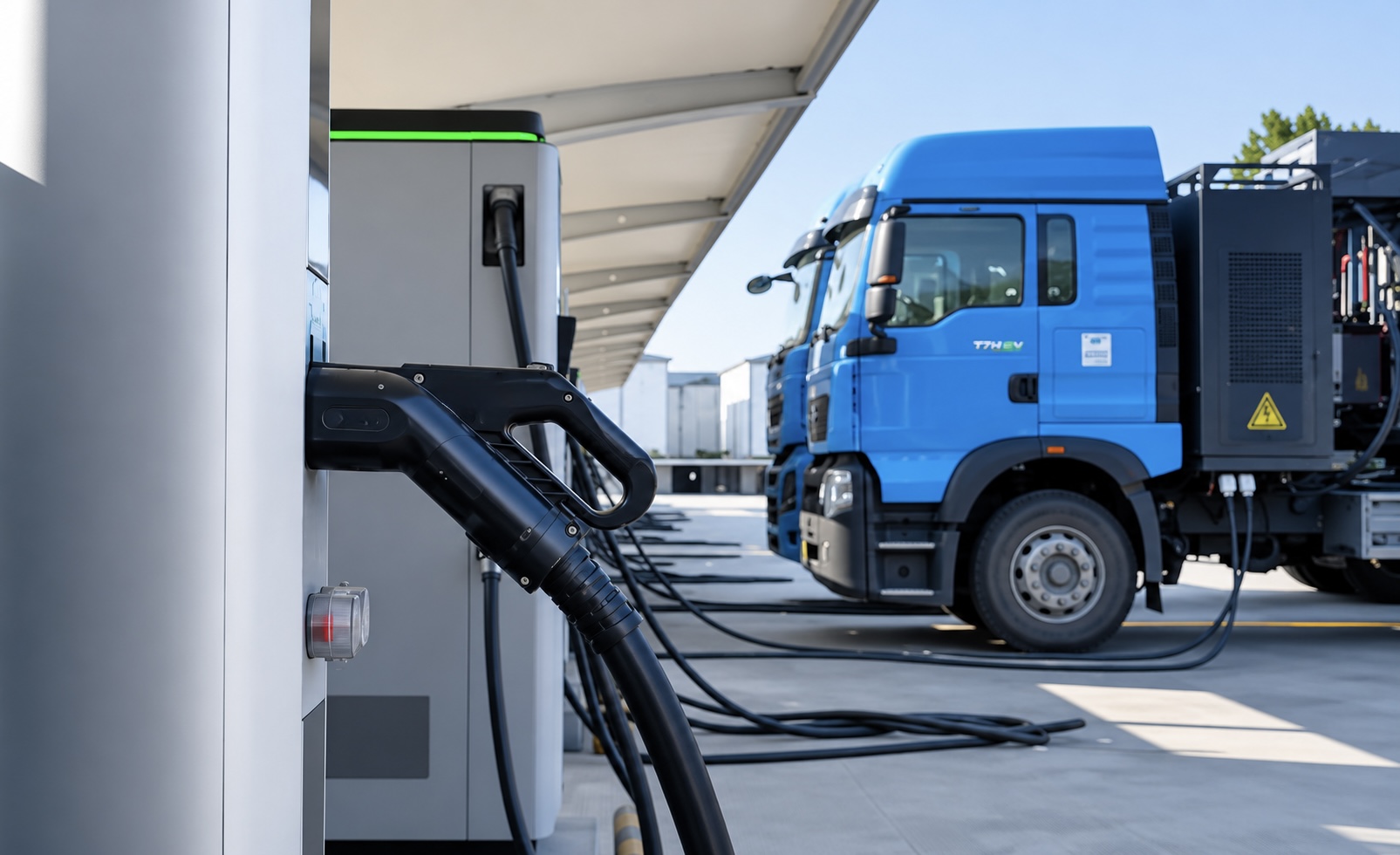 Electric HGV connected to a DC charging post under a depot canopy, with a row of charging bays alongside