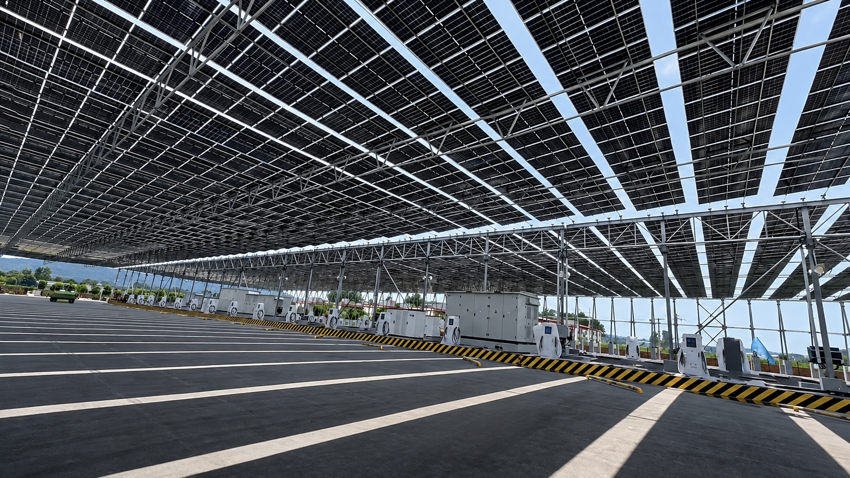 Solar canopy over an HGV depot charging row, with modular DC charging cabinets lined up beneath the panels