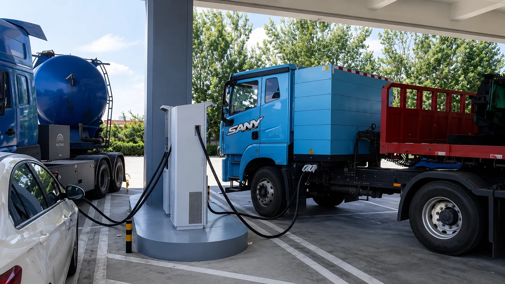 Heavy goods vehicle connected to a liquid-cooled DC charging terminal at a depot charging bay