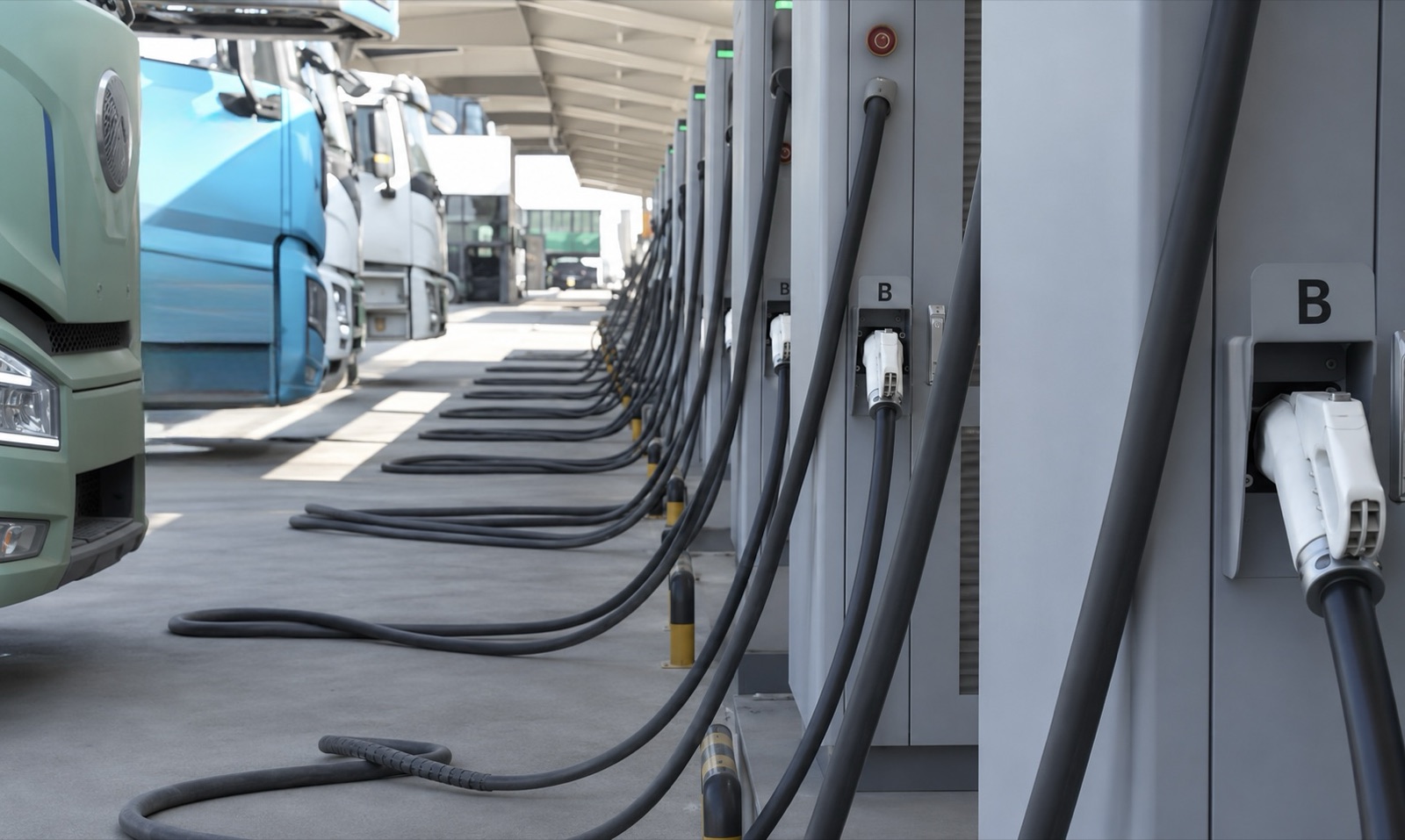 Row of heavy goods trucks charging at a depot with satellite charging terminals
