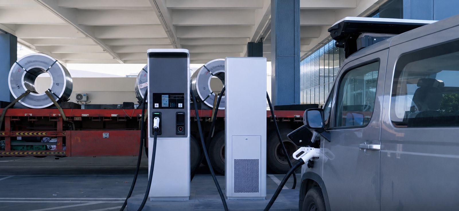 Neutron DC charging dispenser and power cabinet serving a commercial vehicle at a fleet hub