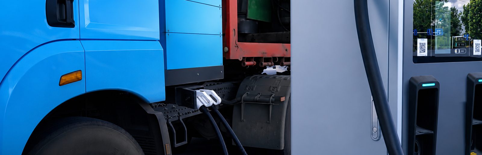 Heavy electric truck connected to a Neutron megawatt charging dispenser