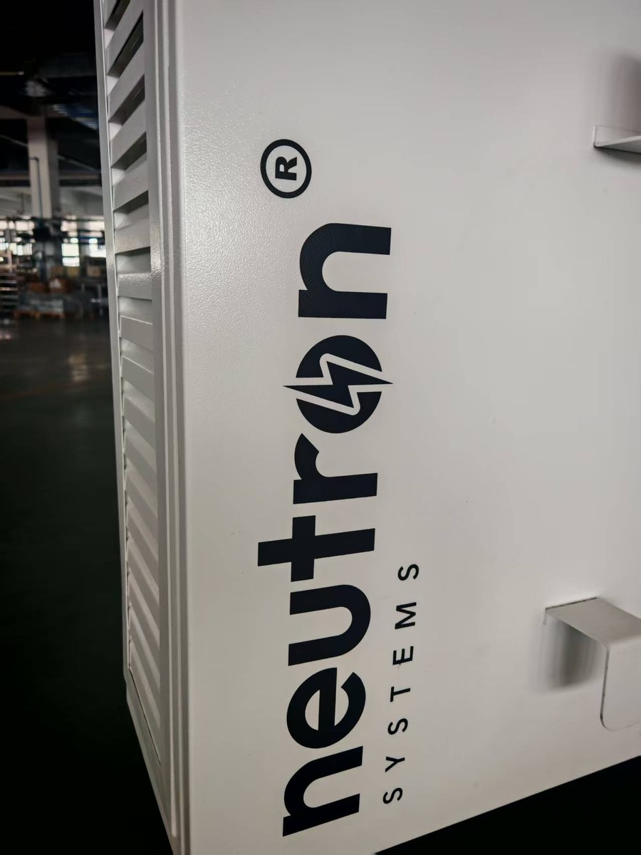 Neutron Systems portable DC charger side panel showing ventilation louvers and Neutron branding