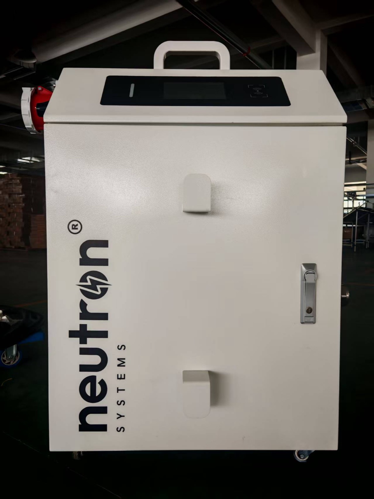 Neutron Systems NSNF0042 portable DC fast charger front view showing onboard touchscreen, RFID reader, carry handle, lockable enclosure, and castor wheels