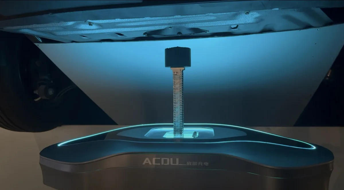 Automatic Charging Dock connector rising to meet a vehicle's underbody charging port