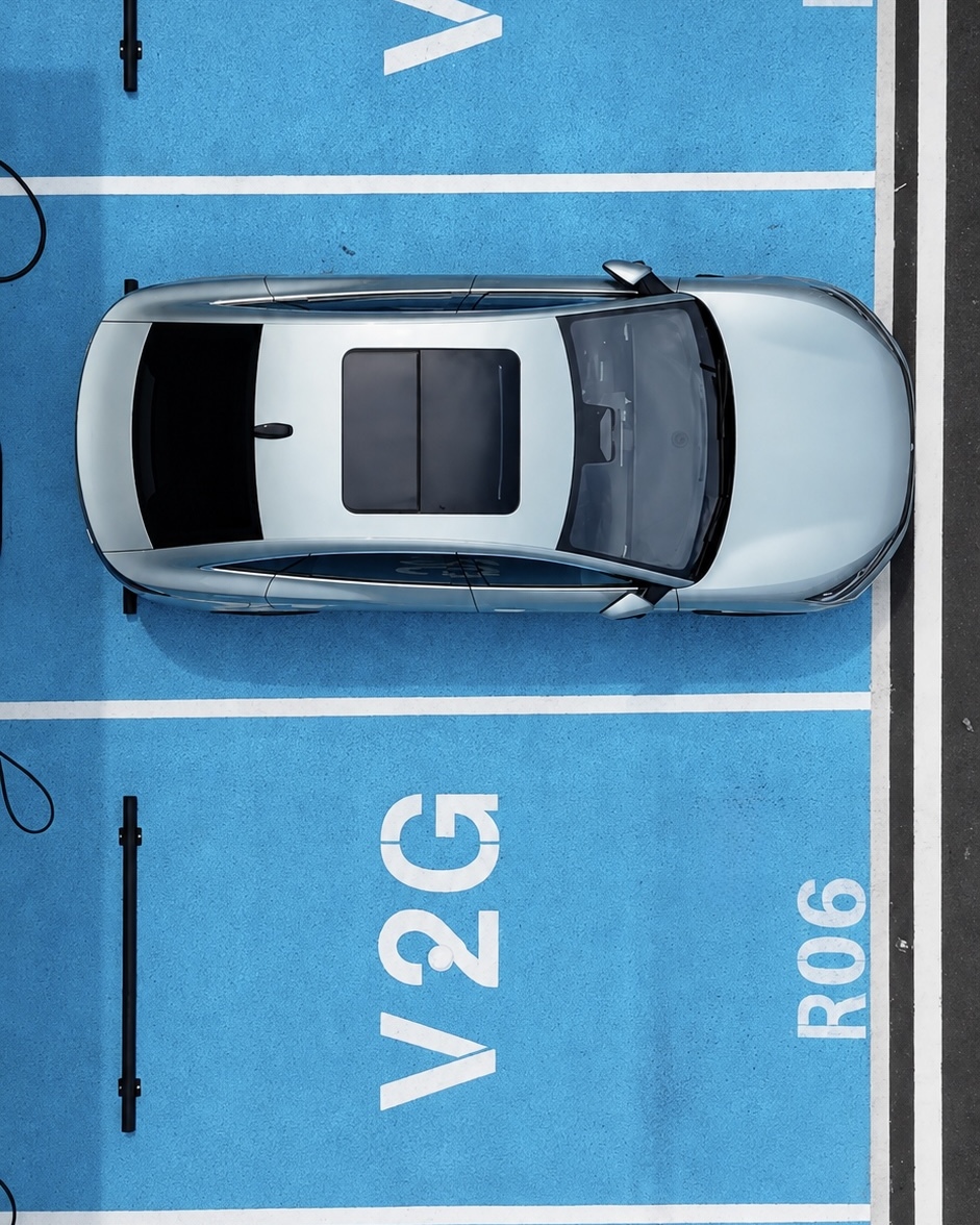 An EV parked in a marked V2G charging bay, with the bay number painted on the pavement