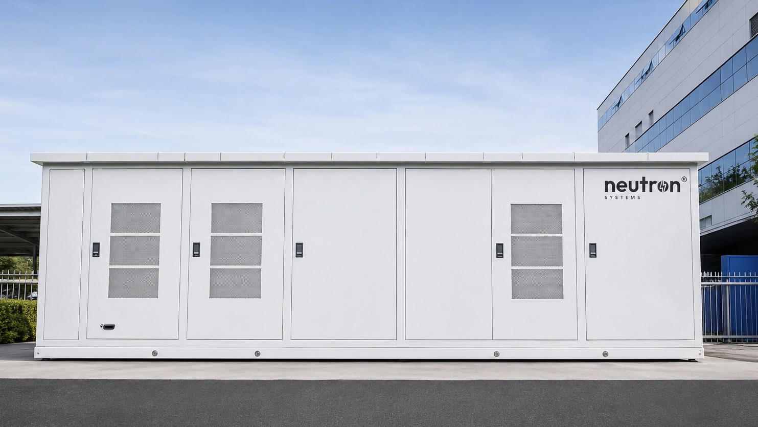 Neutron 4MW Integrated Full-Matrix Charging Substation cabinet outside a commercial building