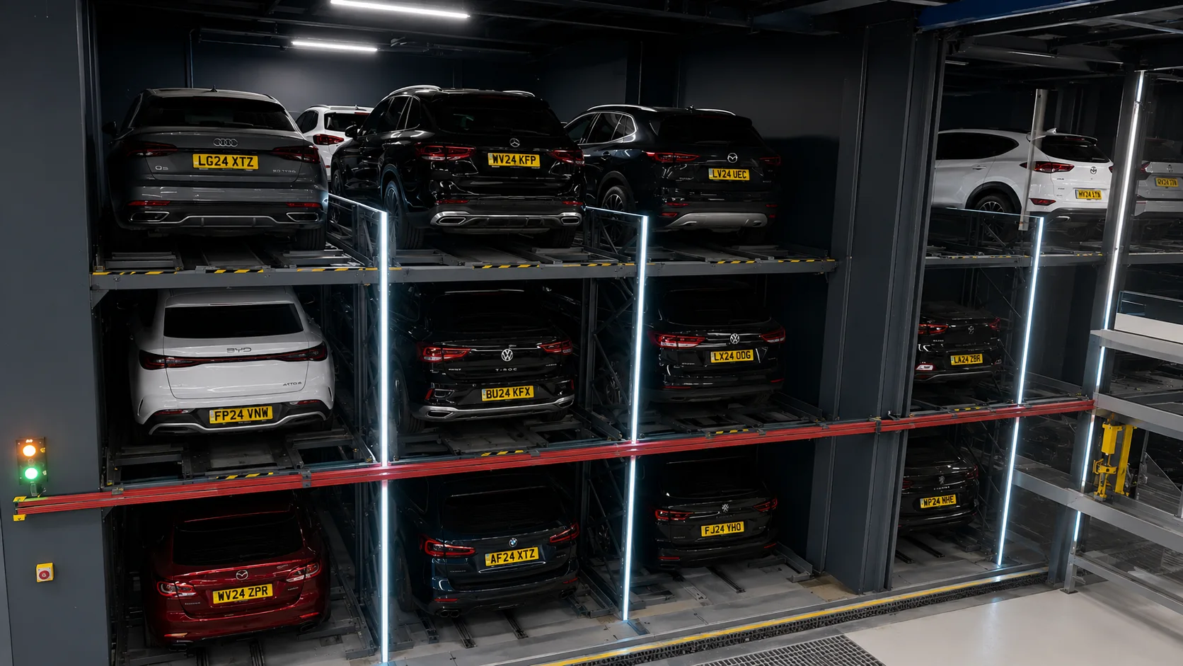 Smart Park & Charge — automated 3-level EV parking system with ASV shuttle