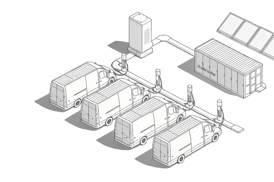 Neutron Modular Group Charging System architecture — one Master Unit distributing power to multiple terminal types